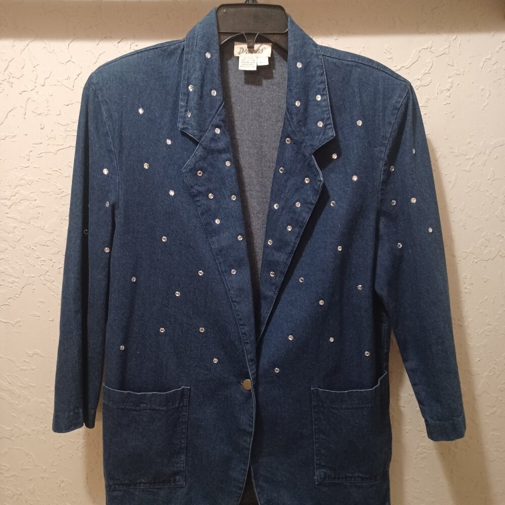 Vtg 80’s Dreams Women’s M Denim Rhinestone Studded Blazer Jacket – Shoulder Pads
